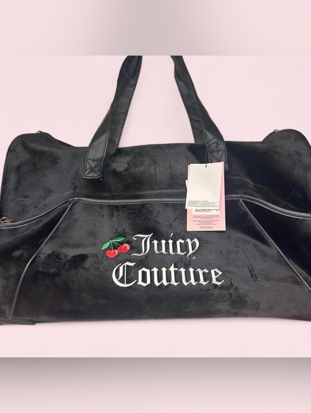 Juicy Couture Black Velvet Rolling Tote with Handle Red Cherry Embroidery logo.